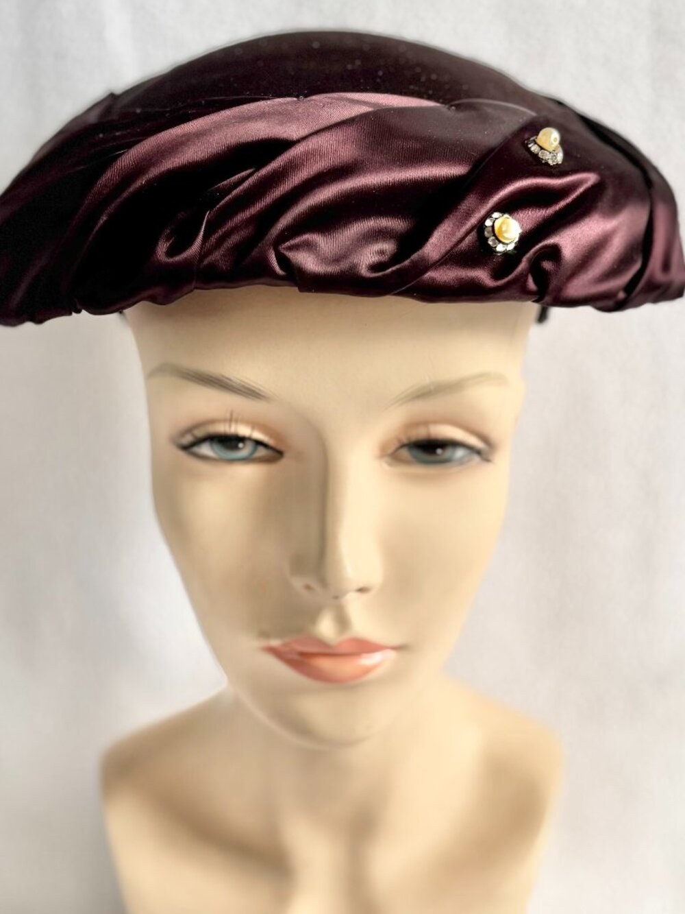 Vintage 1950s Brown Satin Structured Brimless Hat with Rhinestone Pins